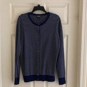 Lands' End Women's Cardigan - Large - Navy and White Stripes